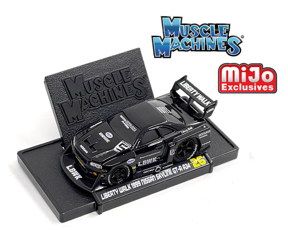 Muscle Machines 1/64 LBWK 1999 Nissan Skyline GT-R R34 – Black – Liberty Walk – **Cards may be damaged***