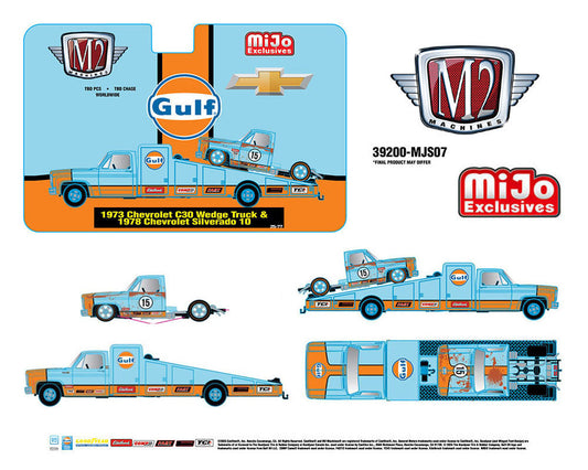 M2 Machines 1/64 Mijo Exclusives Auto-Haulers 1973 Chevrolet C30 Wedge Truck & 1978 Chevrolet Silverado 10 Bedless Gulf Livery – Blue – Limited Edition