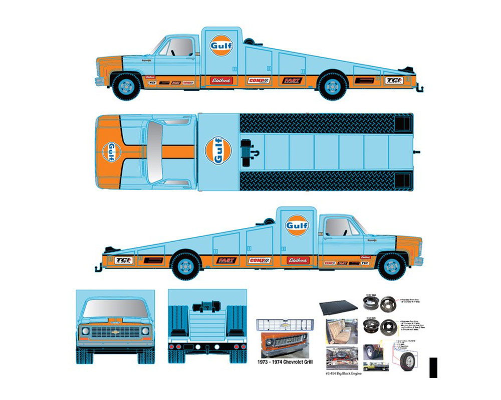 M2 Machines 1/64 Mijo Exclusives Auto-Haulers 1973 Chevrolet C30 Wedge Truck & 1978 Chevrolet Silverado 10 Bedless Gulf Livery – Blue – Limited Edition