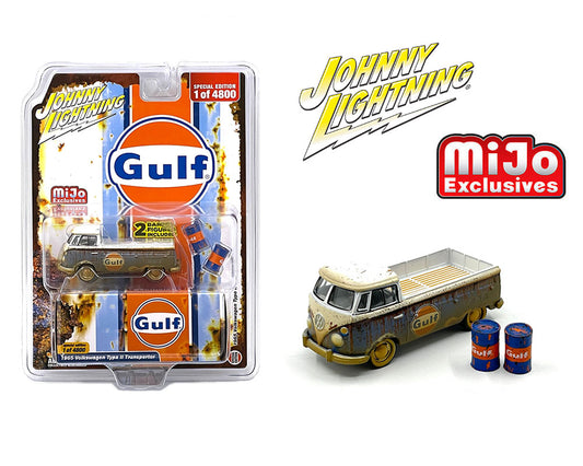 Johnny Lightning 1/64 1965 Volkswagen Type 2 Transporter GULF With 2 GULF Barrels Limited - Mijo Exclusives
