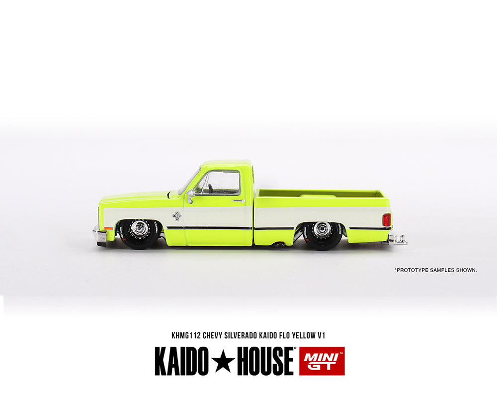 Mini GT x Kaido★House 1/64 Chevrolet Silverado KAIDO Flo V1 – Yellow Chrome