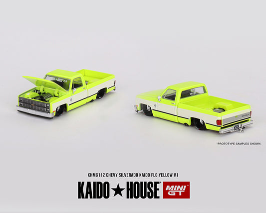 Mini GT x Kaido★House 1/64 Chevrolet Silverado KAIDO Flo V1 – Yellow Chrome