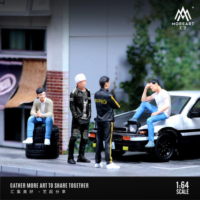 MoreArt 1/64 Initial D Movie Mini Figure Set (MO642044). Set includes Takumi Fujiwara + Ryosuke Takahashi + Kyoichi Sudo + Takeshi Nakata.
