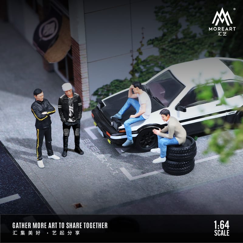 MoreArt 1/64 Initial D Movie Mini Figure Set (MO642044). Set includes Takumi Fujiwara + Ryosuke Takahashi + Kyoichi Sudo + Takeshi Nakata.