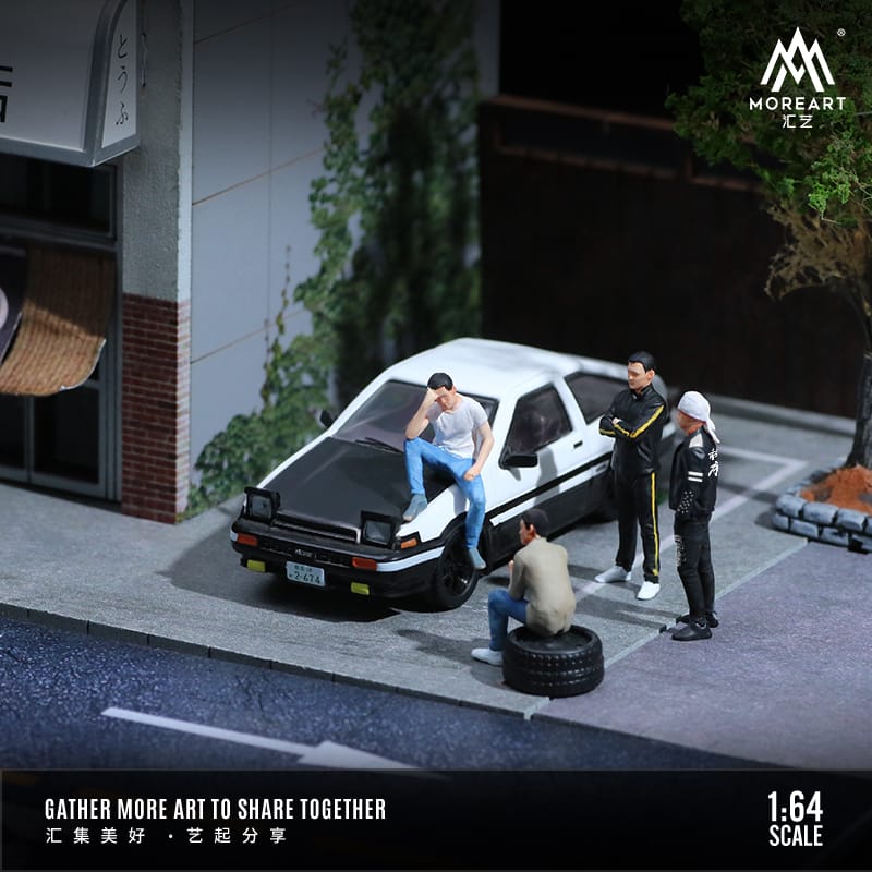 MoreArt 1/64 Initial D Movie Mini Figure Set (MO642044). Set includes Takumi Fujiwara + Ryosuke Takahashi + Kyoichi Sudo + Takeshi Nakata.