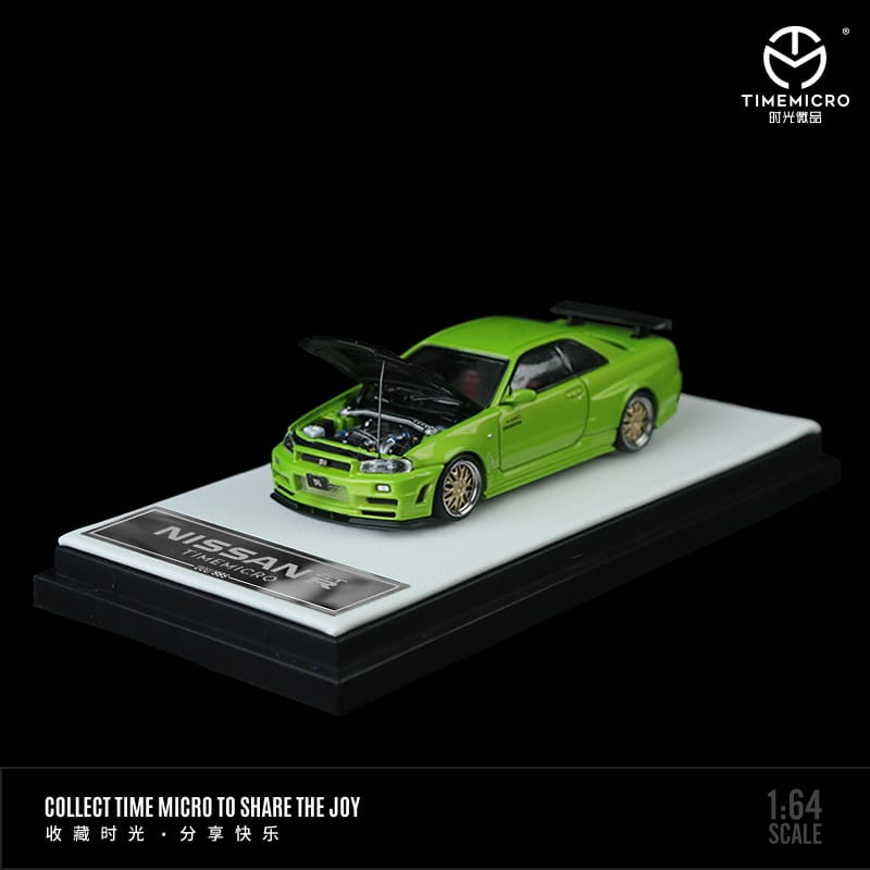 Time Micro 1/64 Skyline GT-R R34 Nismo Z-Tune Carbon Open-Hood, Visible Engine