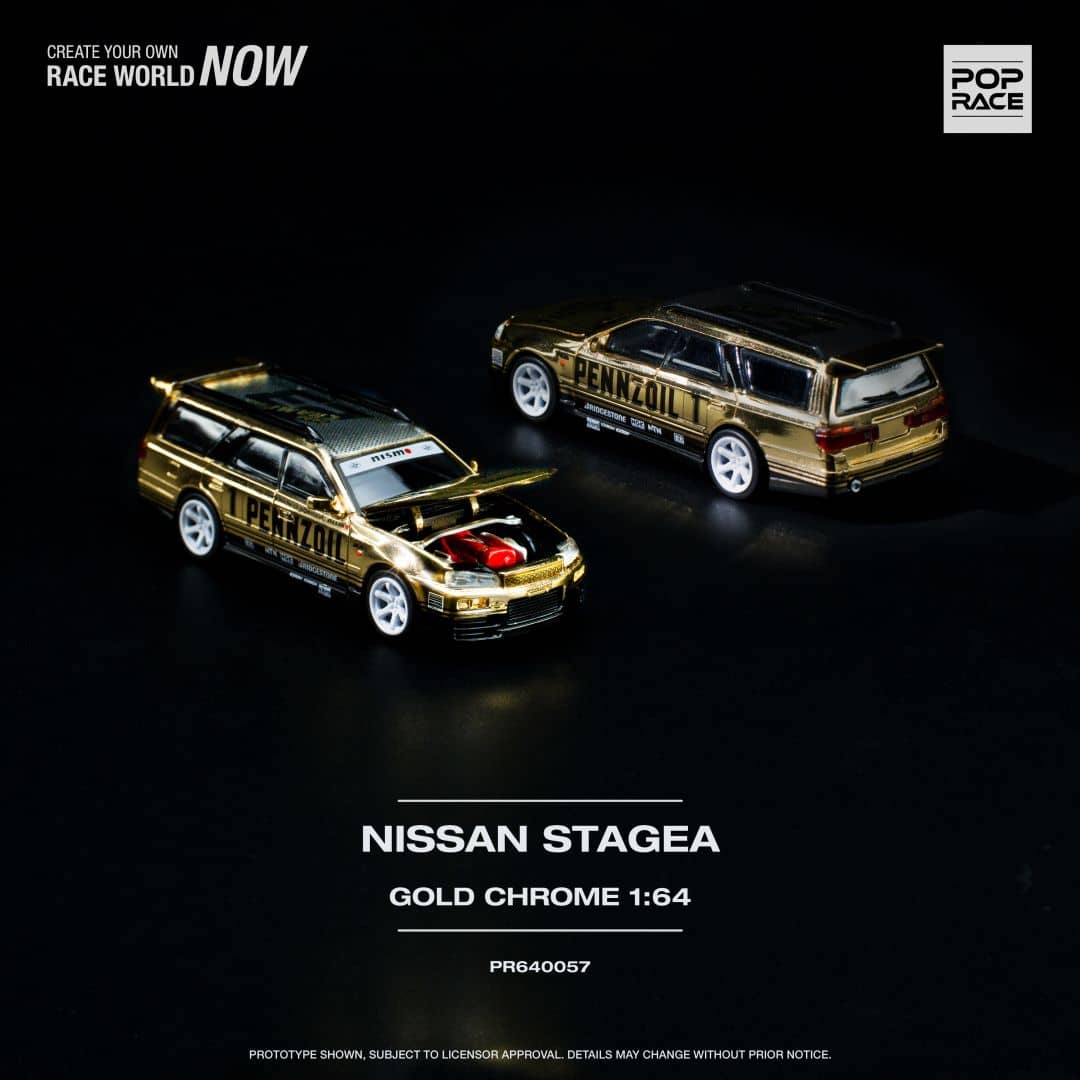 Pop Race 1/64 Stagea WC34 260RS 丨Open-Hood, Visible Engine
Chrome Gold