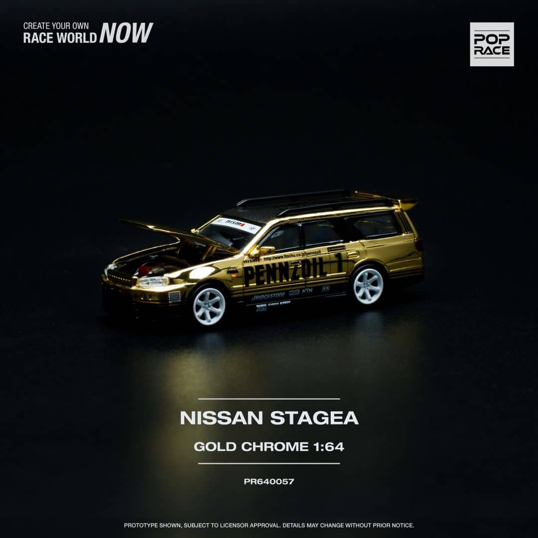 Pop Race 1/64 Stagea WC34 260RS 丨Open-Hood, Visible Engine
Chrome Gold