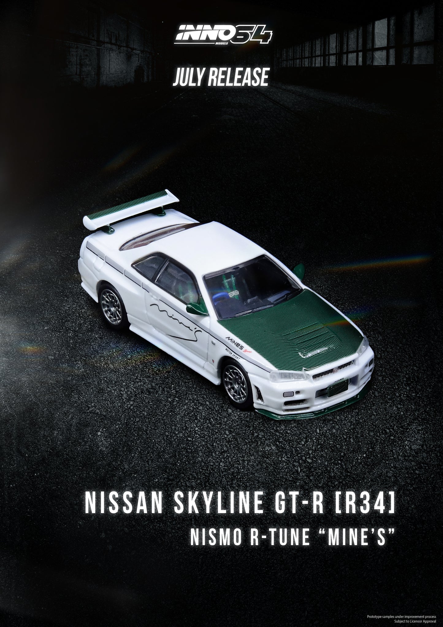 Inno64 1/64 NISSAN SKYLINE GT-R (R34) NISMO R-TUNE "MINES" With Green Carbon Hood