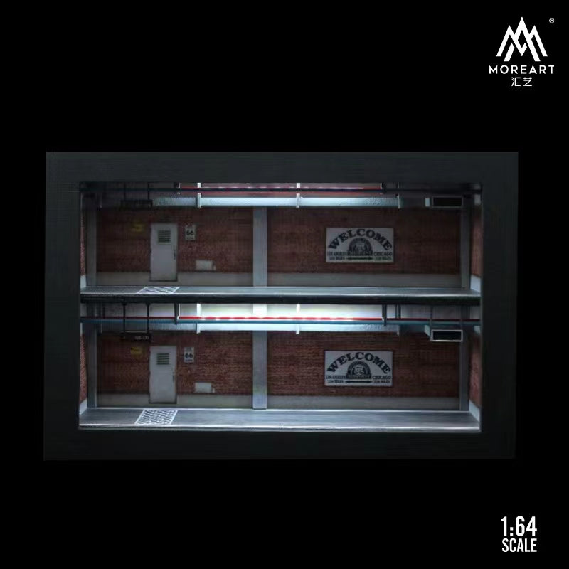 More Art 1/64 One-Piece Frame Diorama Double Storey Car Garage with Touch-Switch Light