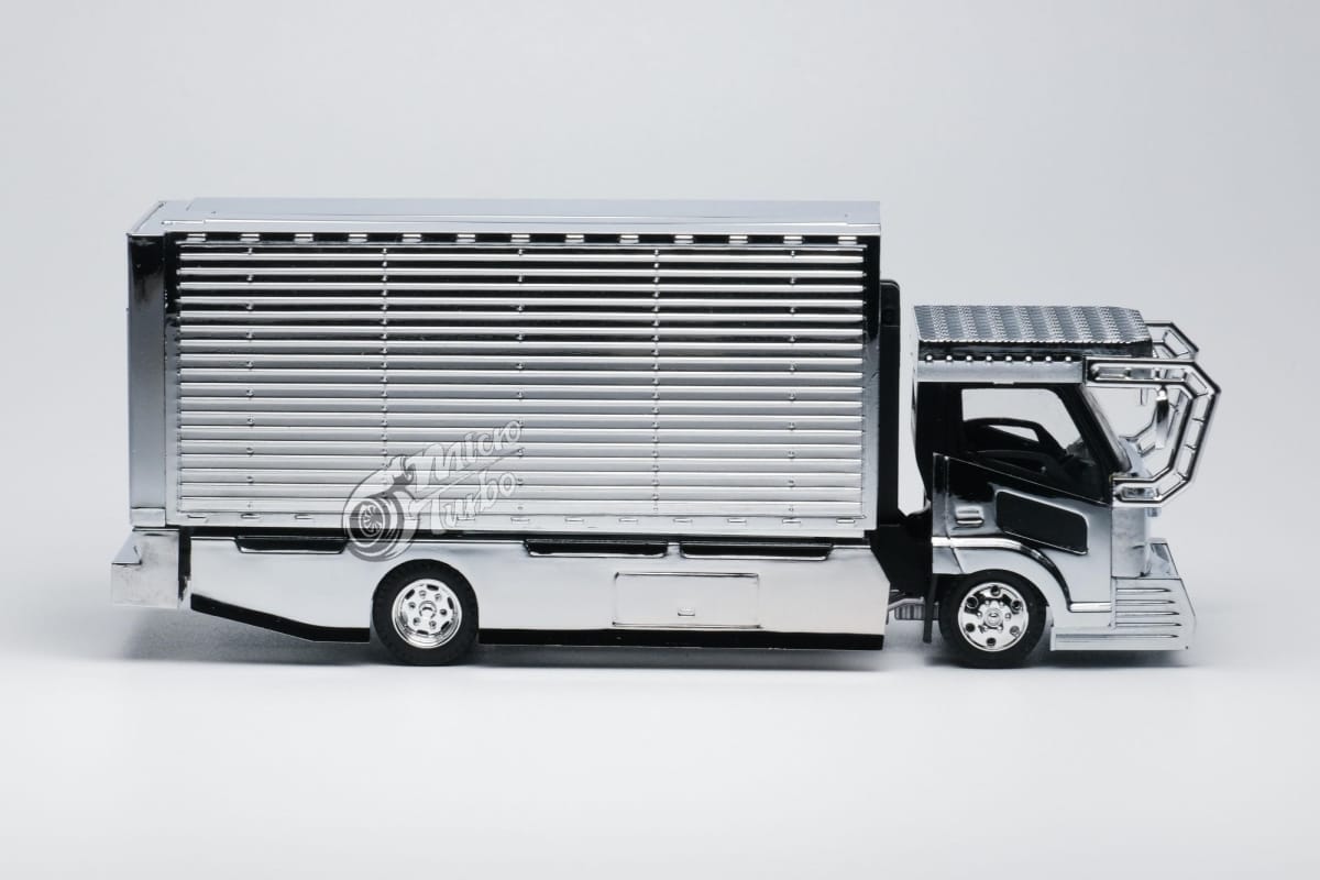 Microturbo 1:64 Chrome Silver Dekotora - Gull Wing Truck with Lion Decals(ABS Container)