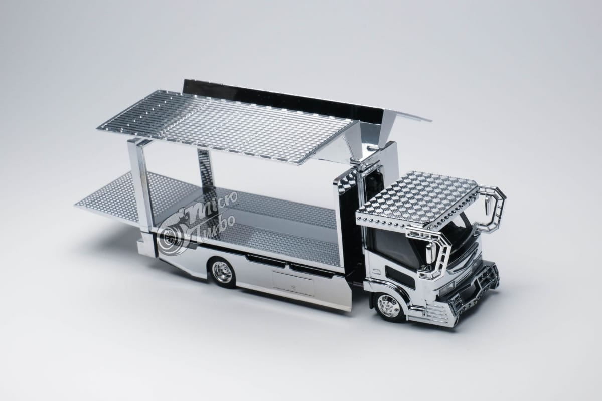 Microturbo 1:64 Chrome Silver Dekotora - Gull Wing Truck with Lion Decals(ABS Container)