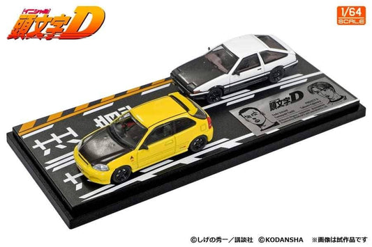 Modeler' s 1/64 Initial D Series Set of 2 Cars - Civic EK9 Yellow Carbon-Hood(馆智幸Tomoyuki Tachi) + Sprinter Trueno AE86 White Carbon-Hood( 藤原拓海Takumi Fujiwara)