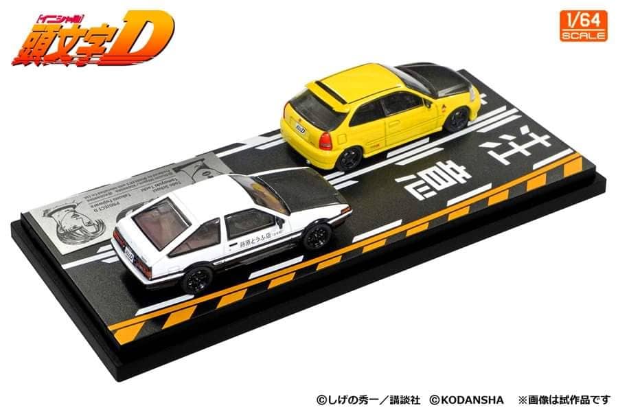 Modeler' s 1/64 Initial D Series Set of 2 Cars - Civic EK9 Yellow Carbon-Hood(馆智幸Tomoyuki Tachi) + Sprinter Trueno AE86 White Carbon-Hood( 藤原拓海Takumi Fujiwara)