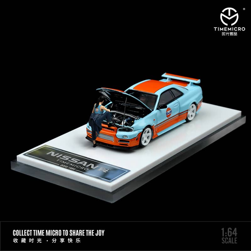 Time Micro 1/64 Skyline GT-R R34 Nismo Z-Tune - Gulf  (Open-Hood, Visible Engine)