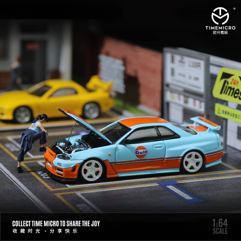 Time Micro 1/64 Skyline GT-R R34 Nismo Z-Tune - Gulf  (Open-Hood, Visible Engine)