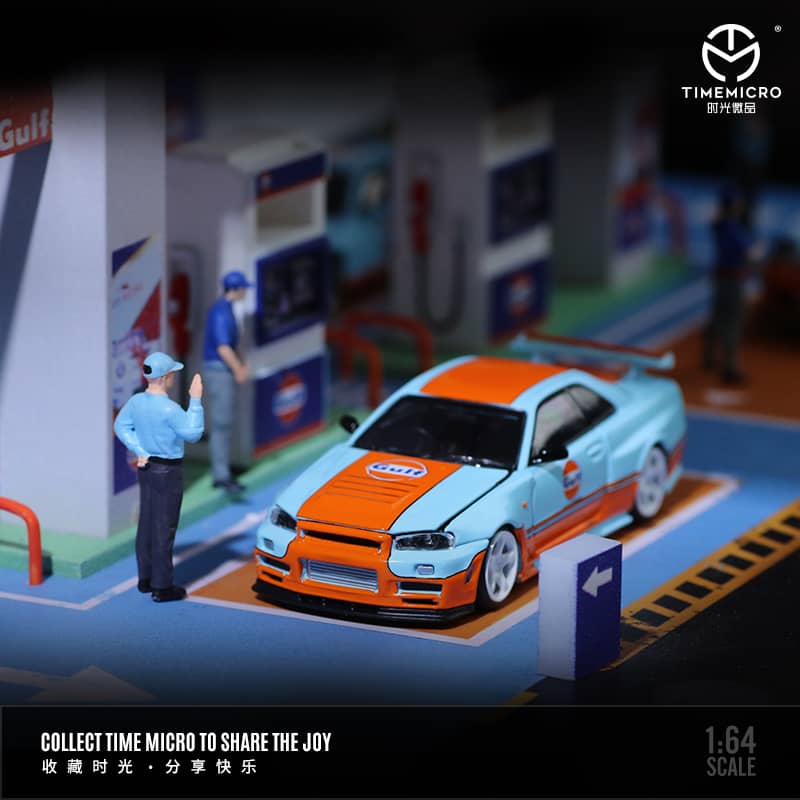 Time Micro 1/64 Skyline GT-R R34 Nismo Z-Tune - Gulf  (Open-Hood, Visible Engine)