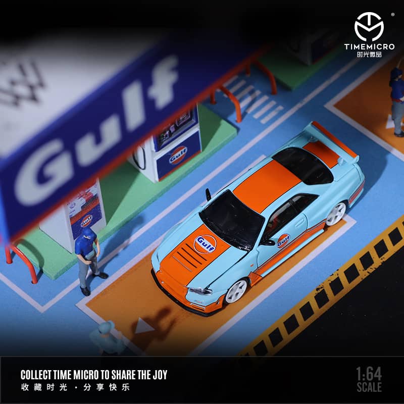 Time Micro 1/64 Skyline GT-R R34 Nismo Z-Tune - Gulf  (Open-Hood, Visible Engine)