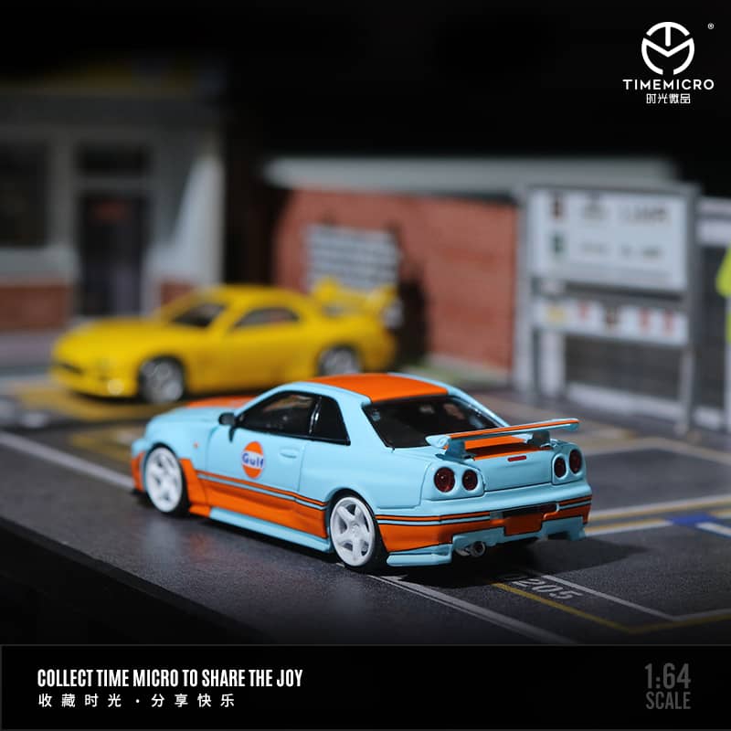 Time Micro 1/64 Skyline GT-R R34 Nismo Z-Tune - Gulf  (Open-Hood, Visible Engine)