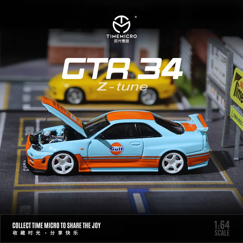 Time Micro 1/64 Skyline GT-R R34 Nismo Z-Tune - Gulf  (Open-Hood, Visible Engine)