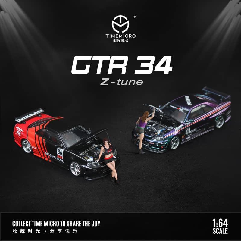 Time Micro 1/64 Skyline GT-R R34, Nismo Z-Tune (Open-Hood, Visible Engine) ADVAN 36# / Magic Purple 33# Livery