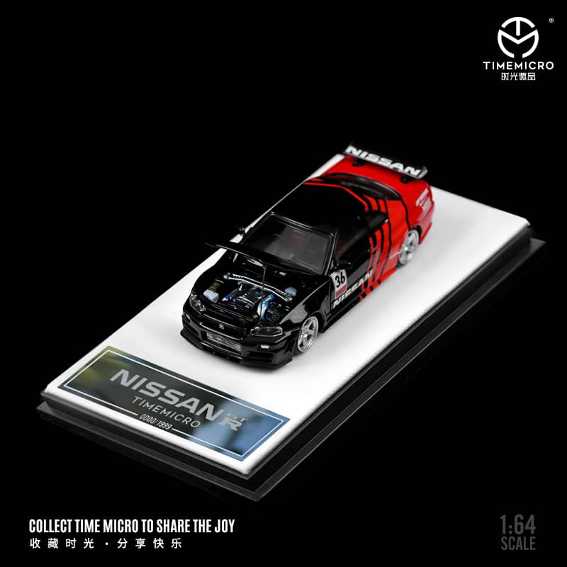 Time Micro 1/64 Skyline GT-R R34, Nismo Z-Tune (Open-Hood, Visible Engine) ADVAN 36# / Magic Purple 33# Livery