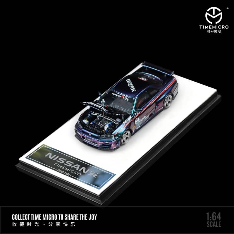 Time Micro 1/64 Skyline GT-R R34, Nismo Z-Tune (Open-Hood, Visible Engine) ADVAN 36# / Magic Purple 33# Livery
