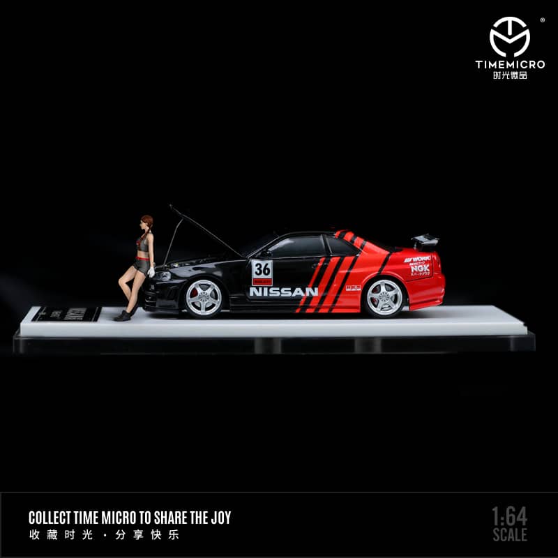 Time Micro 1/64 Skyline GT-R R34, Nismo Z-Tune (Open-Hood, Visible Engine) ADVAN 36# / Magic Purple 33# Livery