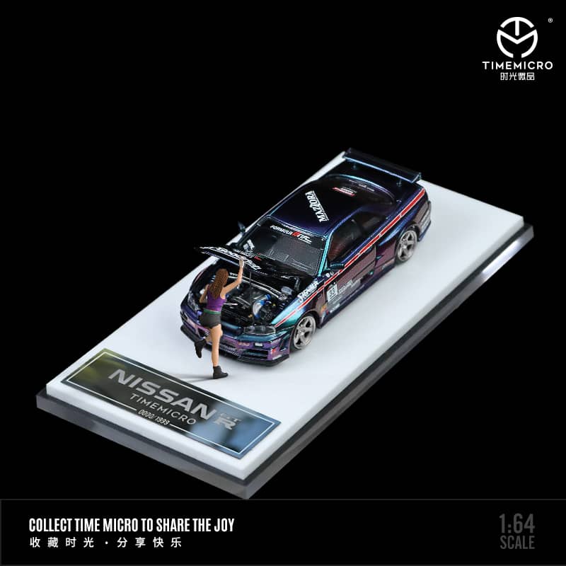 Time Micro 1/64 Skyline GT-R R34, Nismo Z-Tune (Open-Hood, Visible Engine) ADVAN 36# / Magic Purple 33# Livery