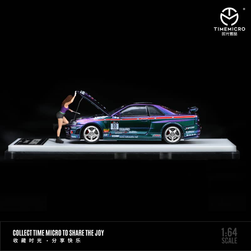 Time Micro 1/64 Skyline GT-R R34, Nismo Z-Tune (Open-Hood, Visible Engine) ADVAN 36# / Magic Purple 33# Livery