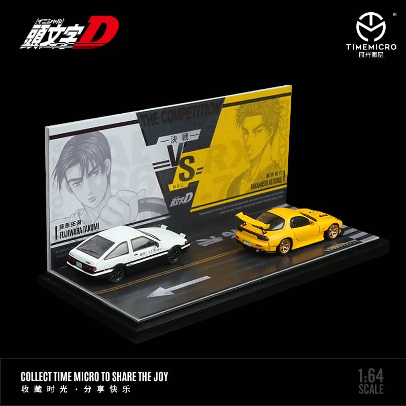 Time Micro 1/64 Initial D Set of 2 Cars - RX-7 FD3S Yellow + Sprinter Trueno AE86 White - Normal Version