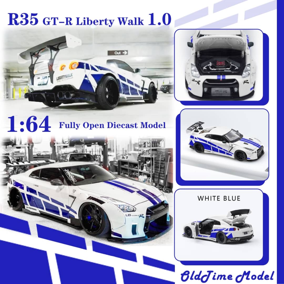 OldTime Model 1/64 GT-R R35 Liberty Walk 1.0 Modified - The Fast & Furious White with Blue Stripe Livery