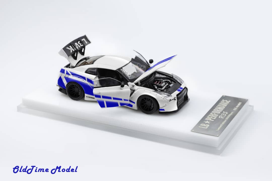 OldTime Model 1/64 GT-R R35 Liberty Walk 1.0 Modified - The Fast & Furious White with Blue Stripe Livery
