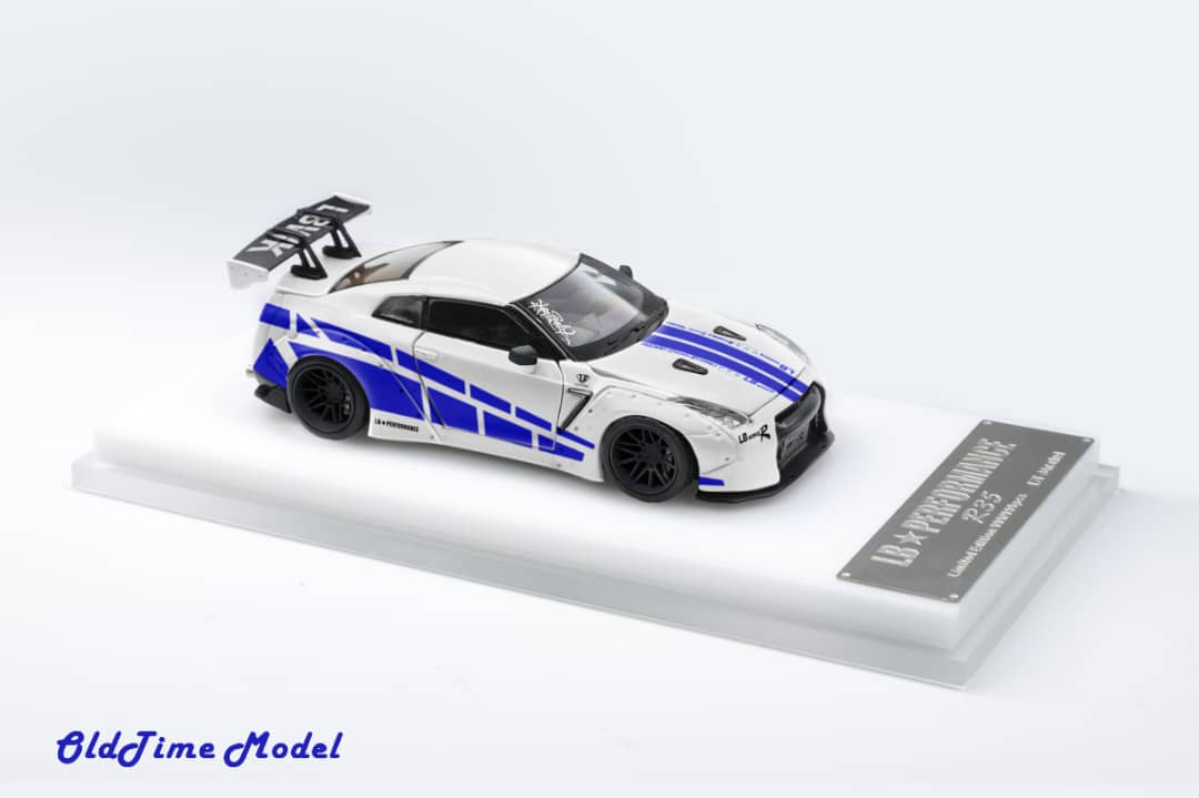 OldTime Model 1/64 GT-R R35 Liberty Walk 1.0 Modified - The Fast & Furious White with Blue Stripe Livery
