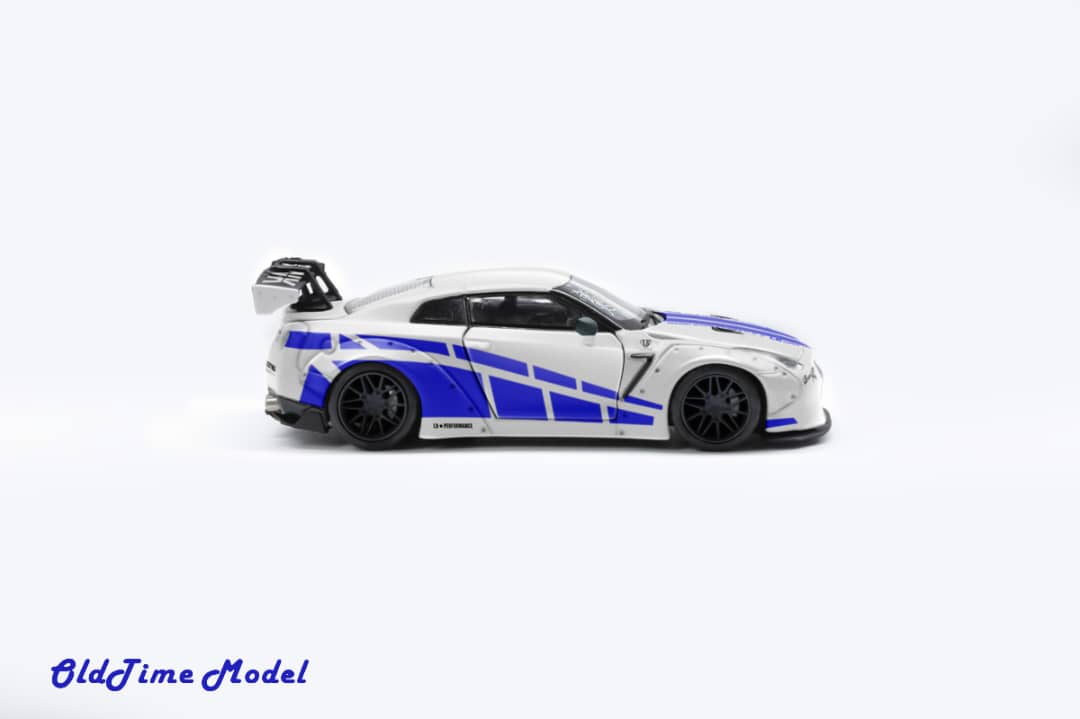 OldTime Model 1/64 GT-R R35 Liberty Walk 1.0 Modified - The Fast & Furious White with Blue Stripe Livery