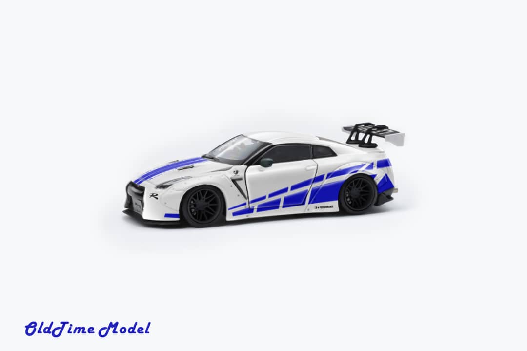 OldTime Model 1/64 GT-R R35 Liberty Walk 1.0 Modified - The Fast & Furious White with Blue Stripe Livery