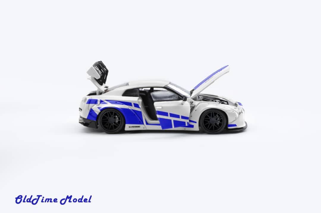 OldTime Model 1/64 GT-R R35 Liberty Walk 1.0 Modified - The Fast & Furious White with Blue Stripe Livery