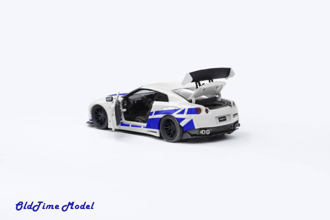OldTime Model 1/64 GT-R R35 Liberty Walk 1.0 Modified - The Fast & Furious White with Blue Stripe Livery