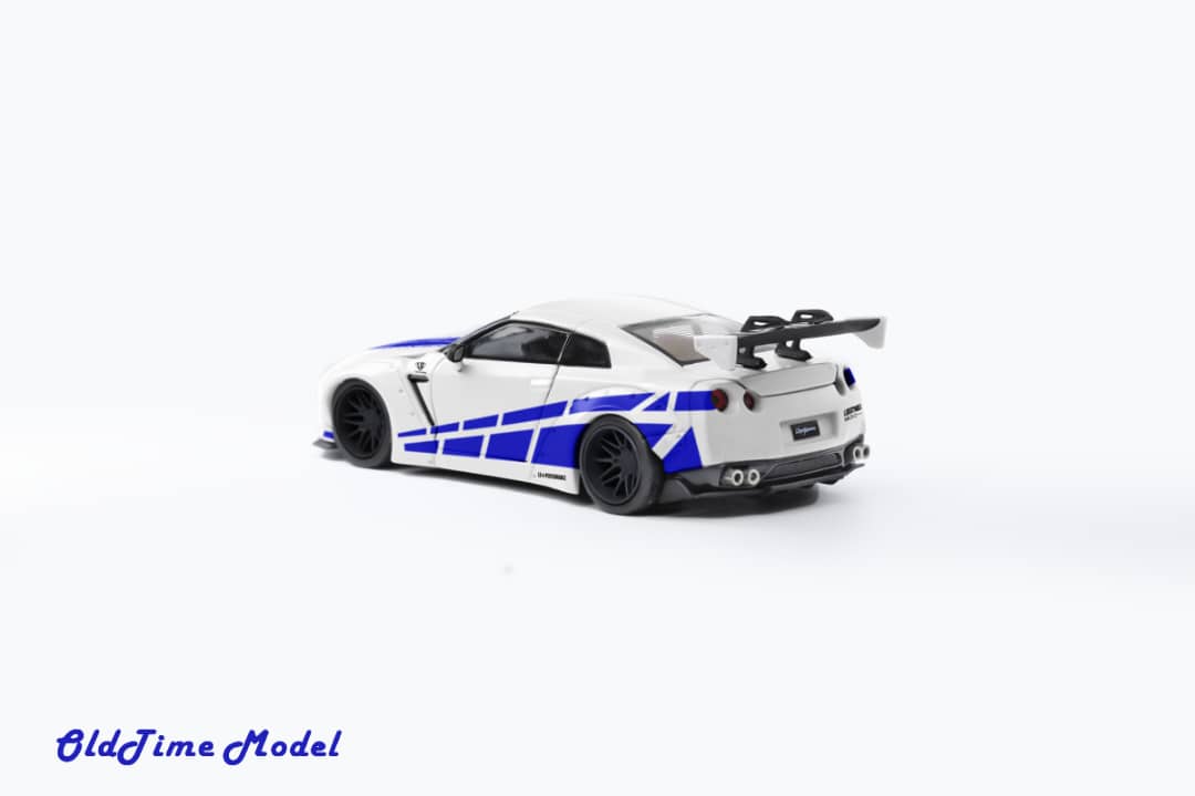 OldTime Model 1/64 GT-R R35 Liberty Walk 1.0 Modified - The Fast & Furious White with Blue Stripe Livery