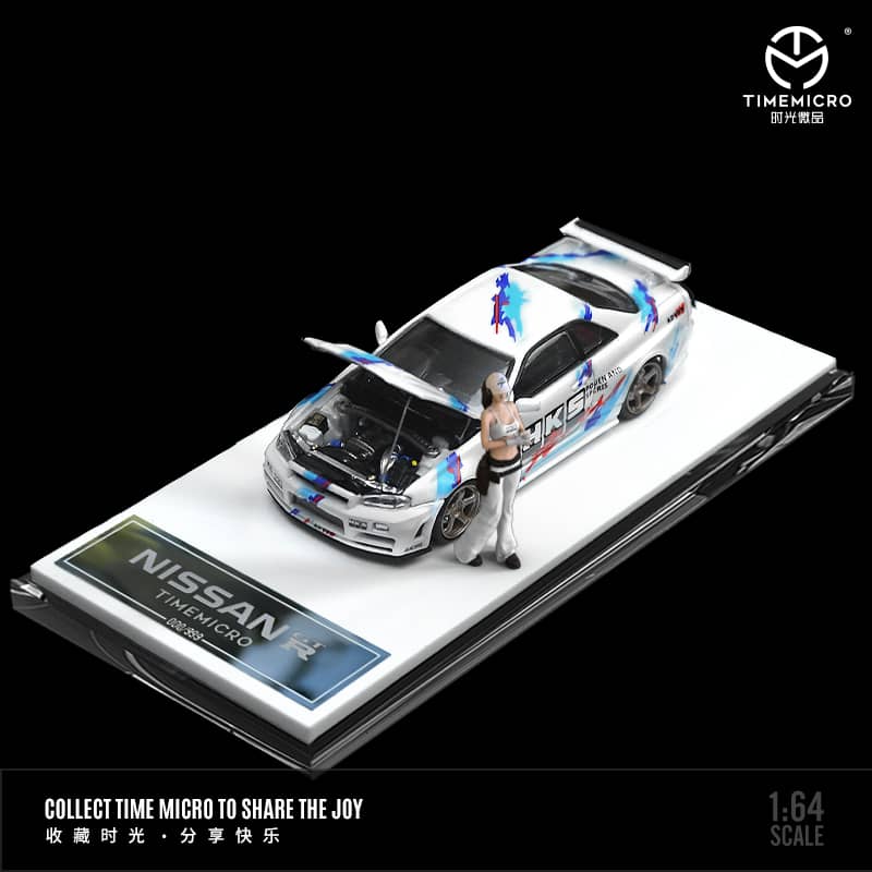 Time Micro 1/64 Skyline GT-R R34 Nismo Z-Tune HKS Livery (Open-Hood, Visible Engine)
