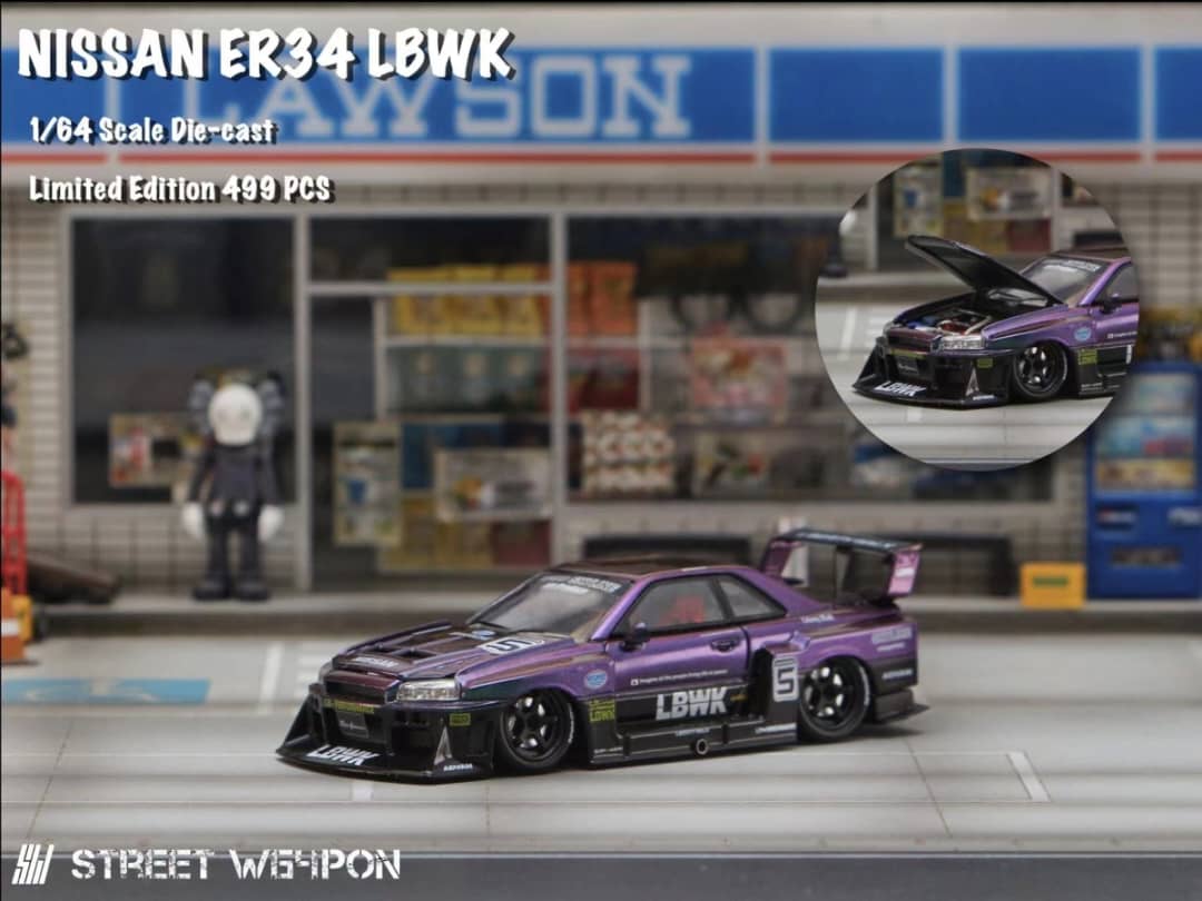 Street Weapon 1/64 Skyline GT-R R34 LB, Super Silhouette ER34 (Open-Hood, Visible Engine)