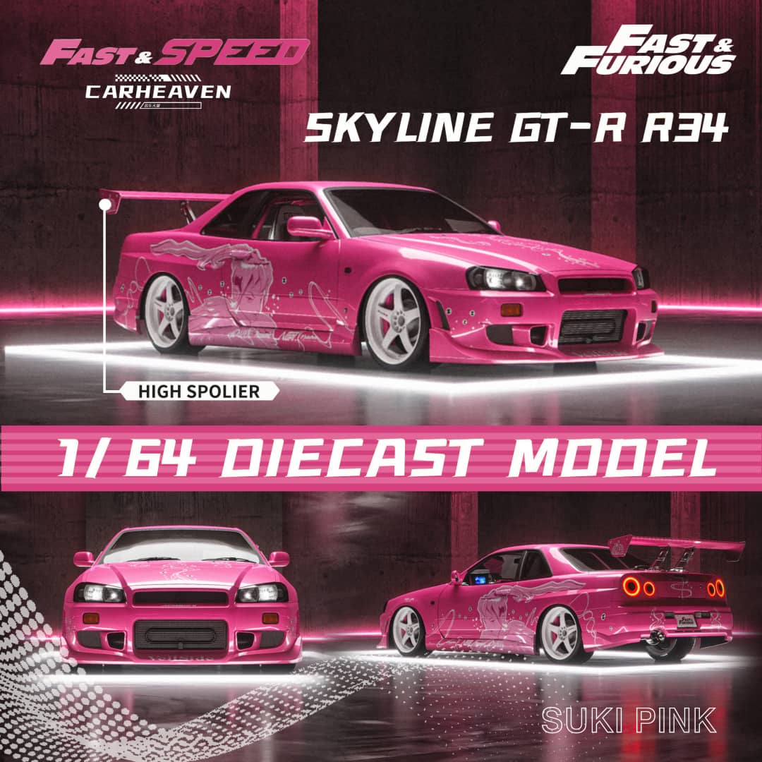 Fast Speed x Car Heaven 1/64 Skyline GT-R R34 Z-Tune HighWing Edition FNF Suki Pink Livery