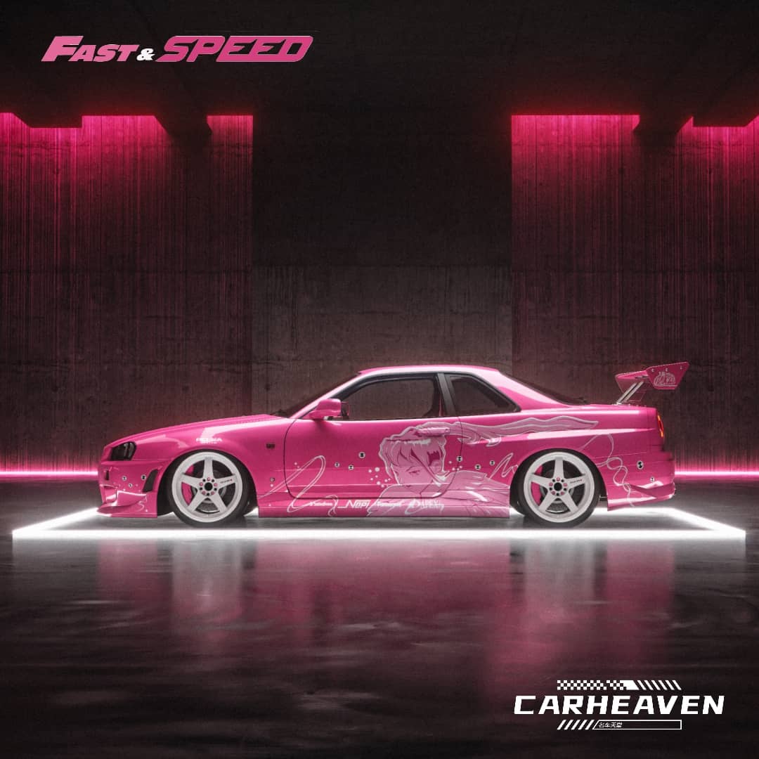 Fast Speed x Car Heaven 1/64 Skyline GT-R R34 Z-Tune HighWing Edition FNF Suki Pink Livery