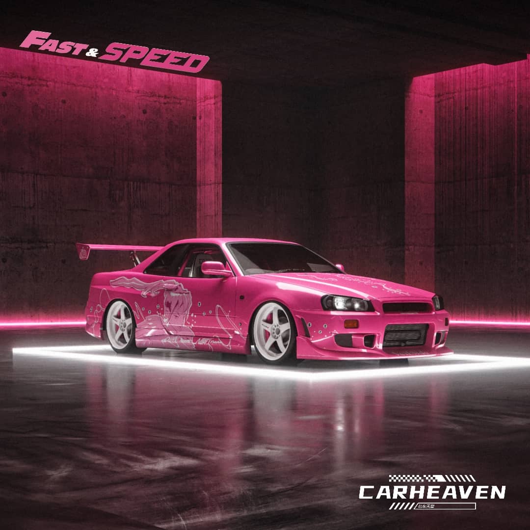 Fast Speed x Car Heaven 1/64 Skyline GT-R R34 Z-Tune HighWing Edition FNF Suki Pink Livery