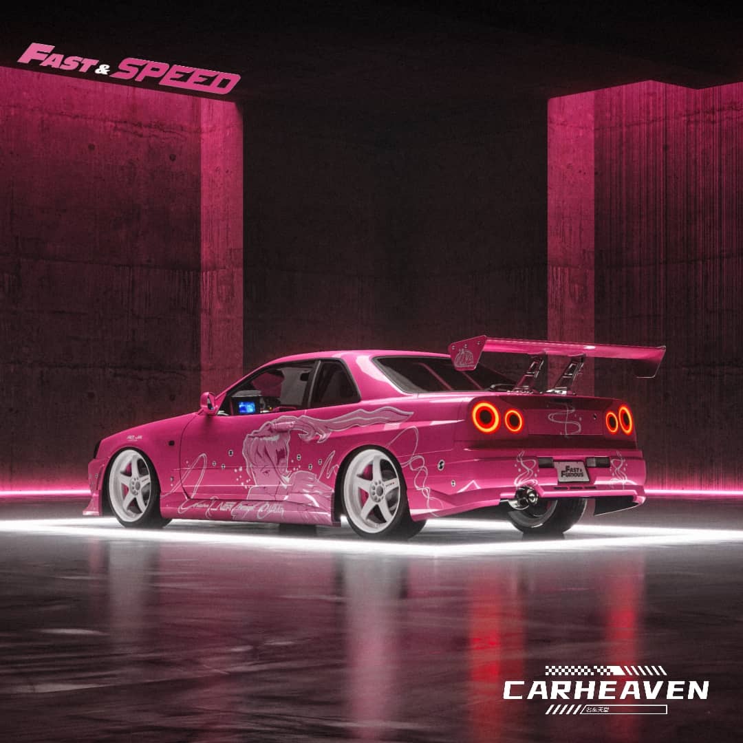 Fast Speed x Car Heaven 1/64 Skyline GT-R R34 Z-Tune HighWing Edition FNF Suki Pink Livery