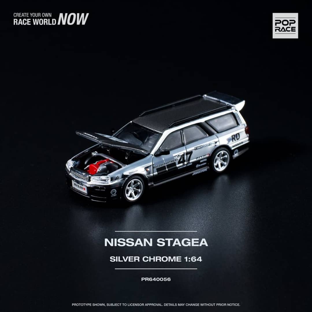 Pop Race 1/64 Stagea WC34 260RS Chrome Silver 丨Open-Hood, Visible Engine