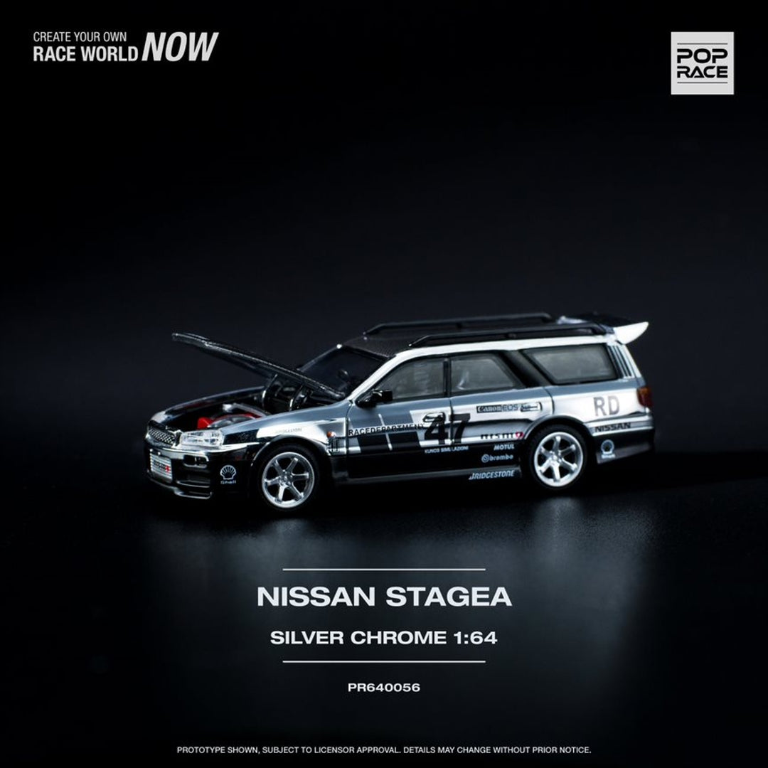 Pop Race 1/64 Stagea WC34 260RS Chrome Silver 丨Open-Hood, Visible Engine