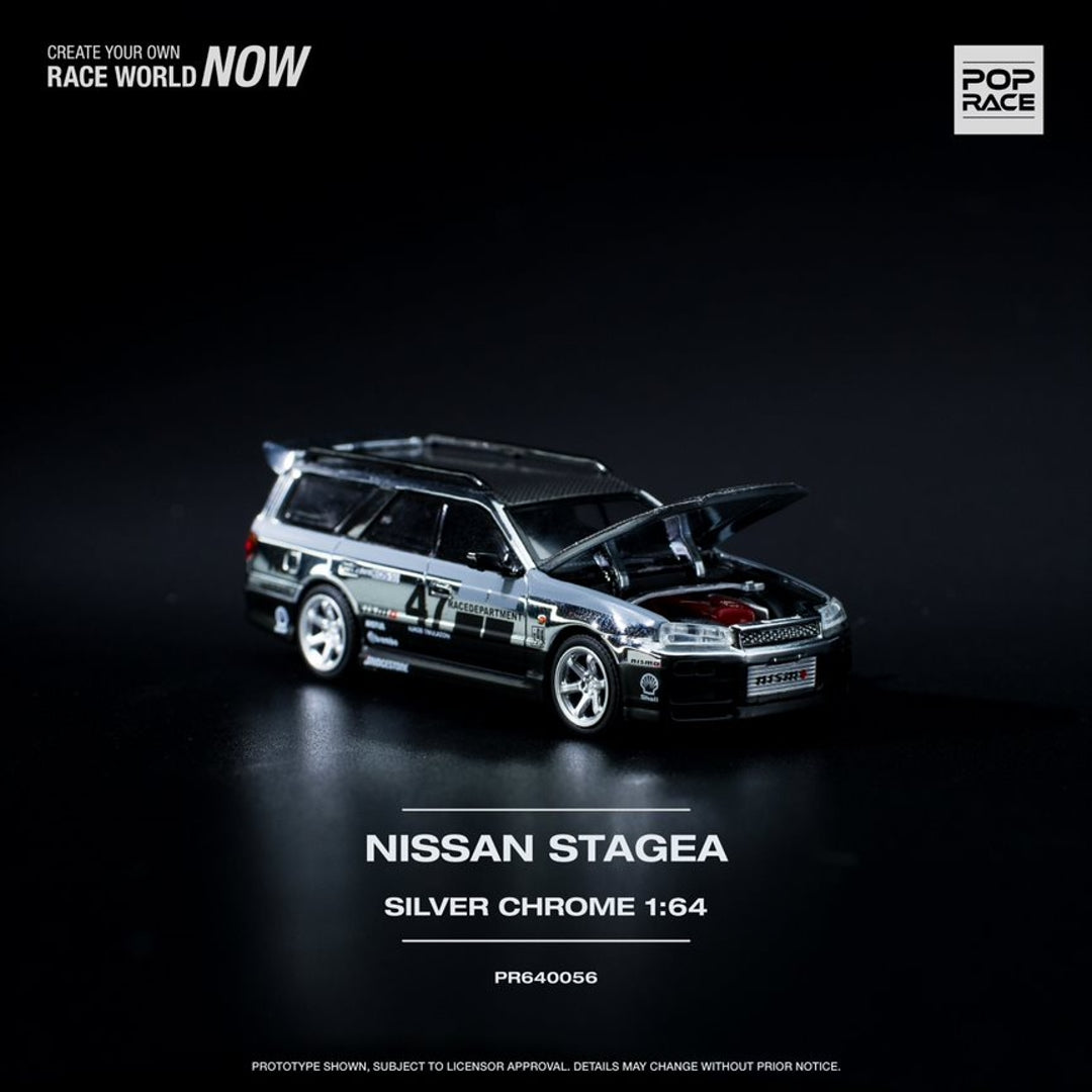 Pop Race 1/64 Stagea WC34 260RS Chrome Silver 丨Open-Hood, Visible Engine