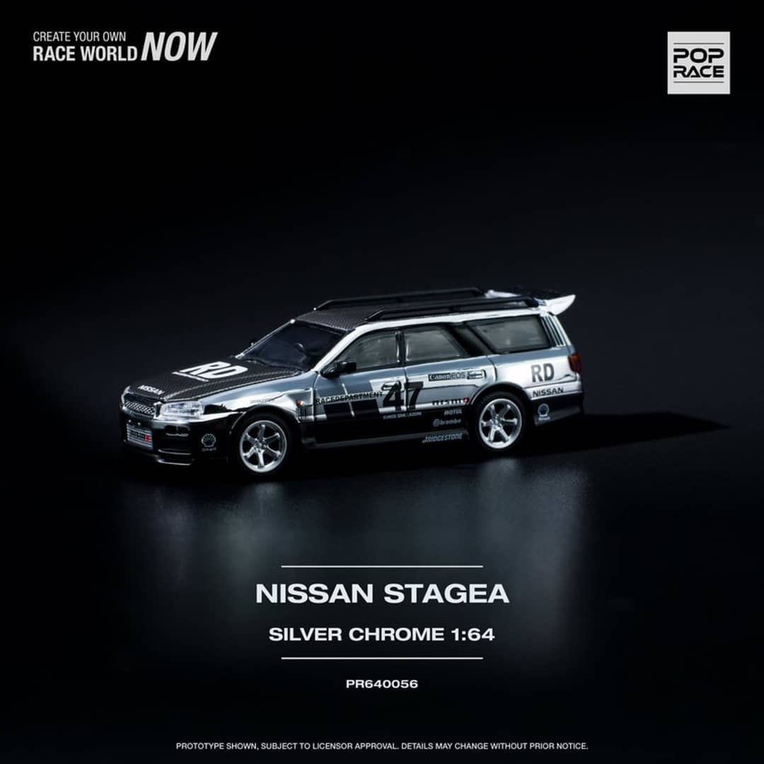 Pop Race 1/64 Stagea WC34 260RS Chrome Silver 丨Open-Hood, Visible Engine