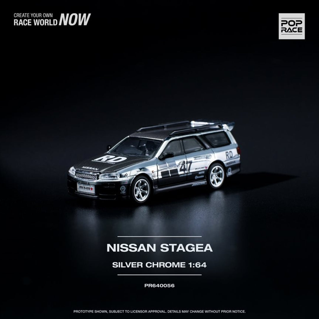 Pop Race 1/64 Stagea WC34 260RS Chrome Silver 丨Open-Hood, Visible Engine